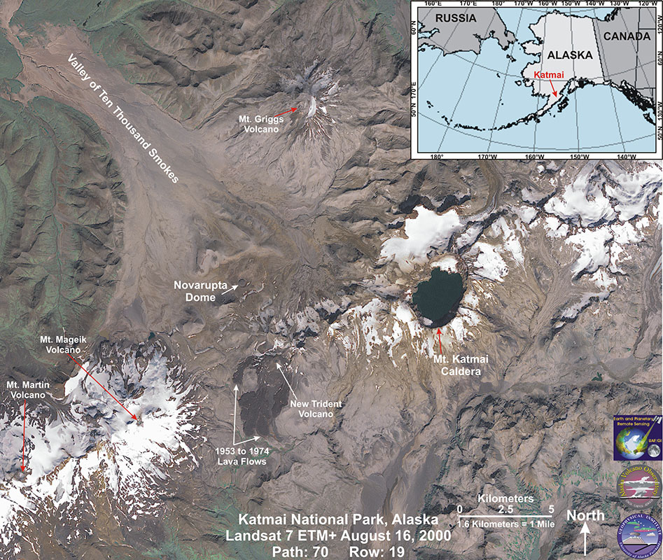 A Landsat image shows the Mount Katmai Caldera, Novarupta Dome (the 1912 eruption site), and the Valley of Ten Thousand Smokes. (USGS)
